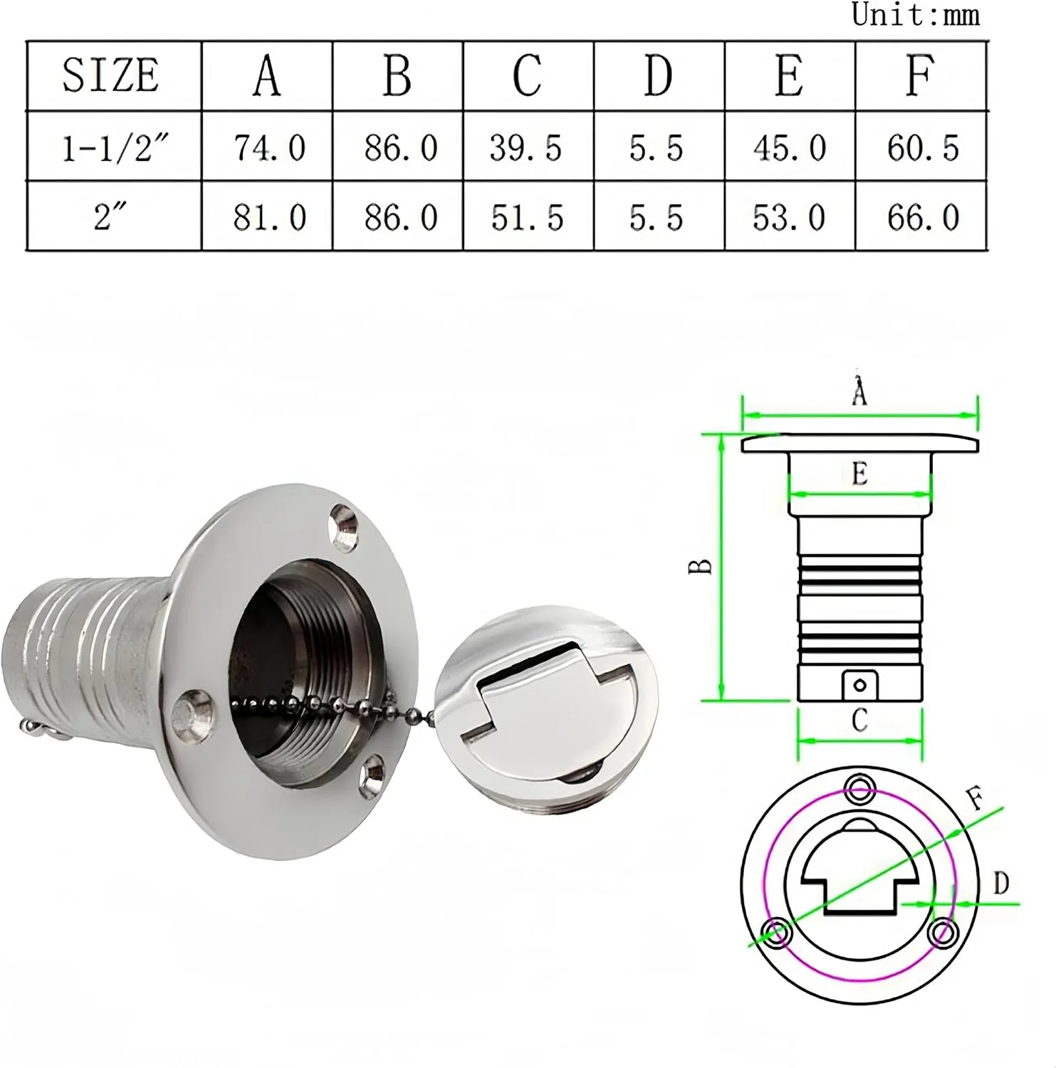 1.5" 38mm Marine Stainless steel 316 Deck Filler Fill Keyless Cap boat Hardware Accessories Socket yacht (Option: Gas, 1.5" /38mm)