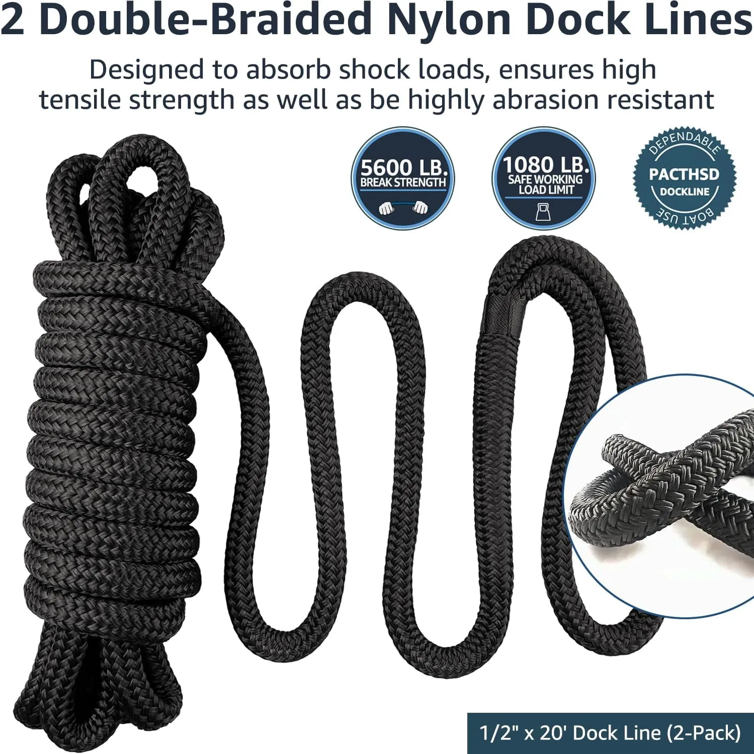 2 Pack 1/2" x 20' Dock Lines - Marine Grade Nylon Boat Rope with 12" Loop for Docking and Mooring - Double Braided Boat Lines, High Strength, Easy Handling, Fray Resistant - Black