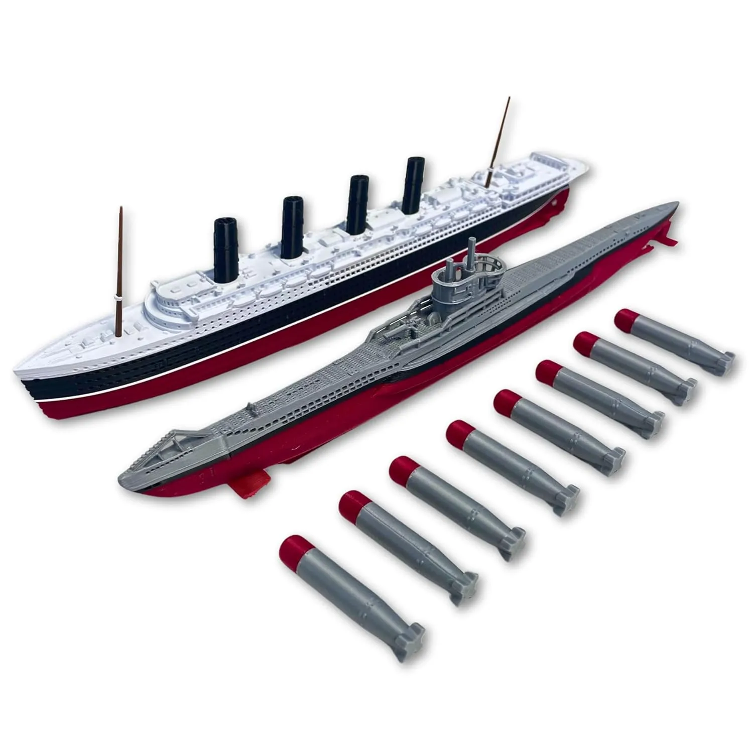 2-Pack Uboat   RMS Lusitania Model Ship 1 Ft Long By TitanicToyCo - Assembled Titanic Toys For Kids, Historically Accurate Titanic Toy, Titanic Ship, Titanic Cake Topper, Titanic Figurine, with Mini Torpedoes