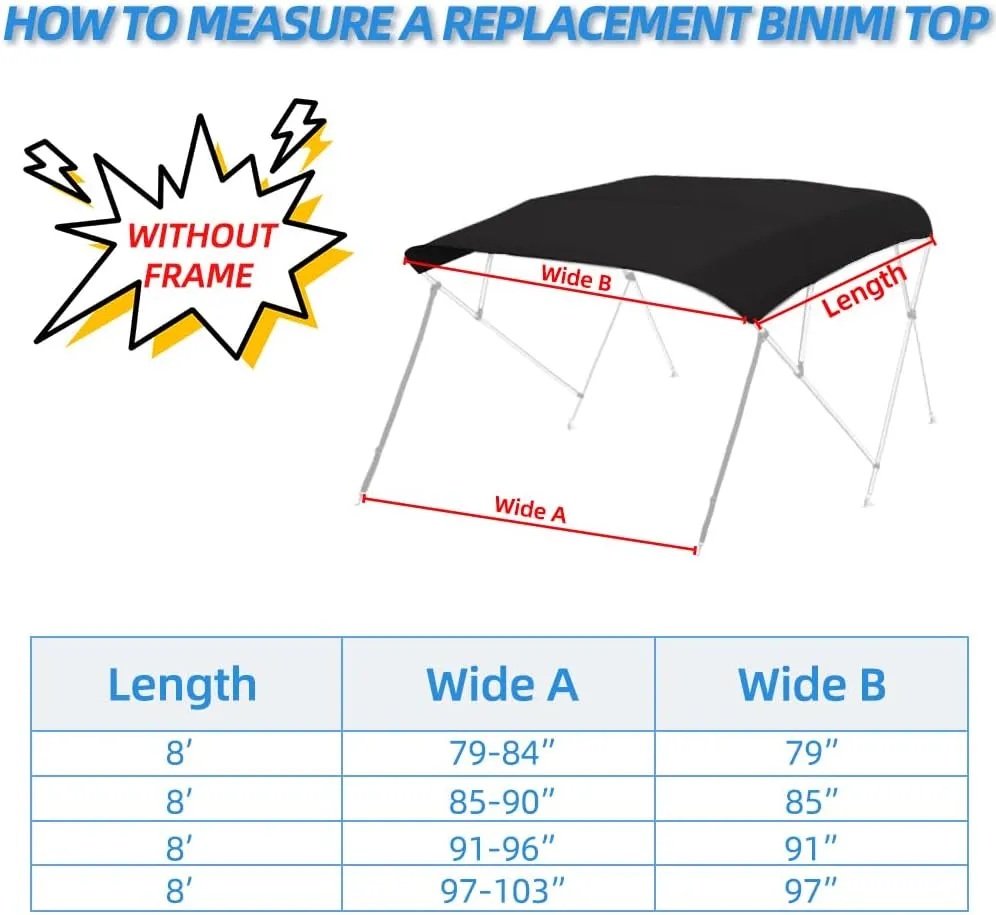 4 Bow Marine Grade Fade and Crack Resistant Bimini Top Replacement Cover, Heavy-Duty Waterproof and UV-proof Sun Shade Boat Canopy, Easy Install Zipper Sleeve Boat Awning/Without Frame,Black
