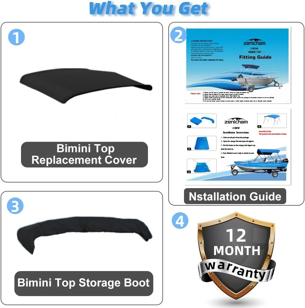 4 Bow Marine Grade Fade and Crack Resistant Bimini Top Replacement Cover, Heavy-Duty Waterproof and UV-proof Sun Shade Boat Canopy, Easy Install Zipper Sleeve Boat Awning/Without Frame,Black
