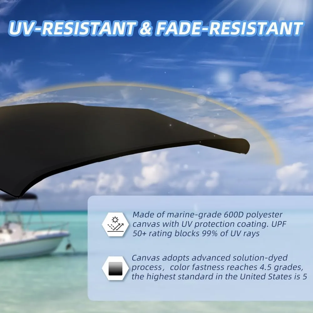 4 Bow Marine Grade Fade and Crack Resistant Bimini Top Replacement Cover, Heavy-Duty Waterproof and UV-proof Sun Shade Boat Canopy, Easy Install Zipper Sleeve Boat Awning/Without Frame,Black