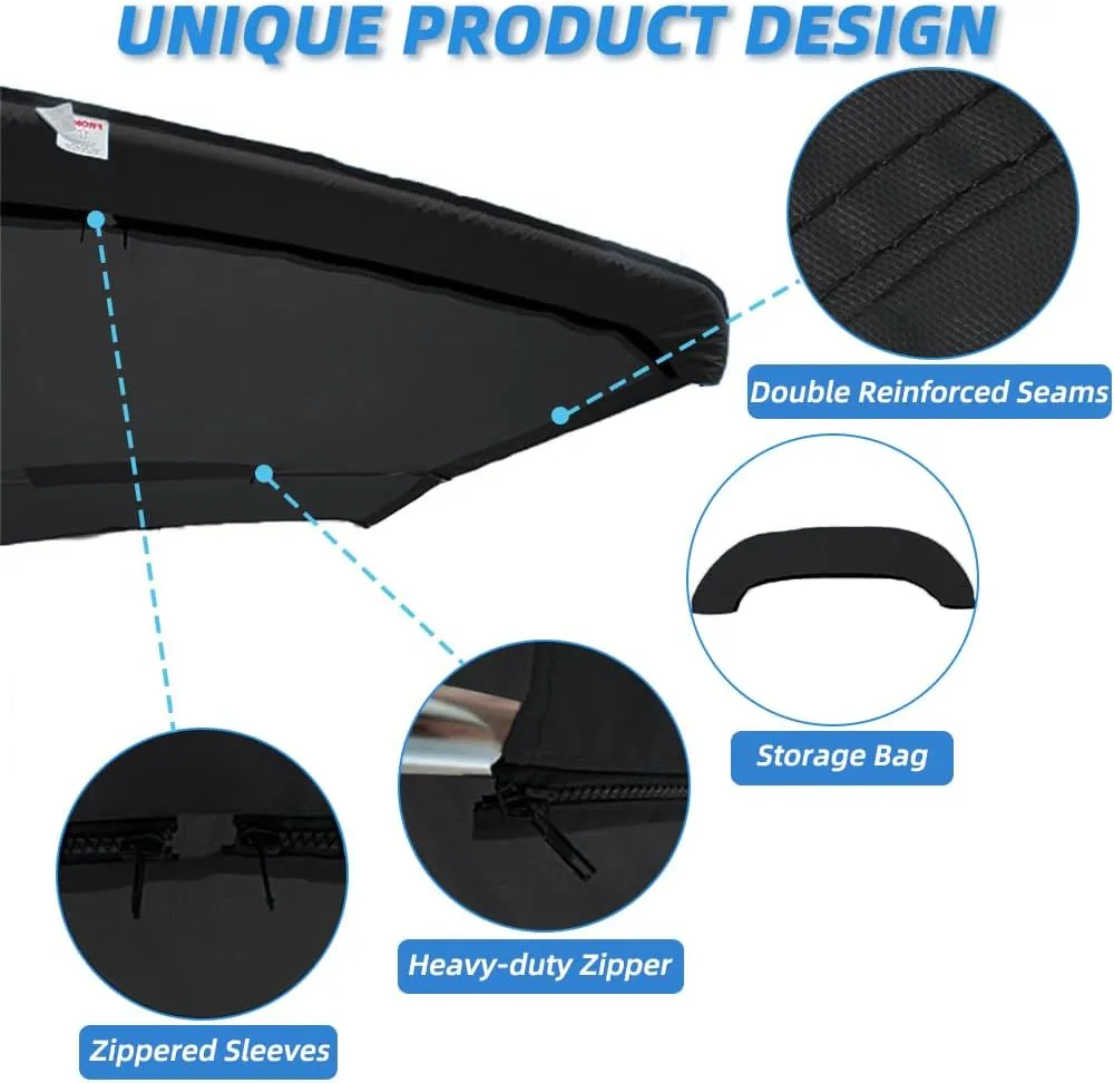 4 Bow Marine Grade Fade and Crack Resistant Bimini Top Replacement Cover, Heavy-Duty Waterproof and UV-proof Sun Shade Boat Canopy, Easy Install Zipper Sleeve Boat Awning/Without Frame,Black