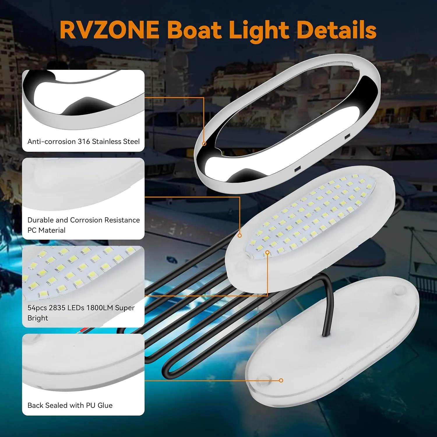 4.6in Underwater Lights for Boat IP68 Waterproof Marine Led Lighting for Boats 1800LM 316 Stainless Steel Marine Led Lighting for Transom Pool Courtesy Deck Interior Lights