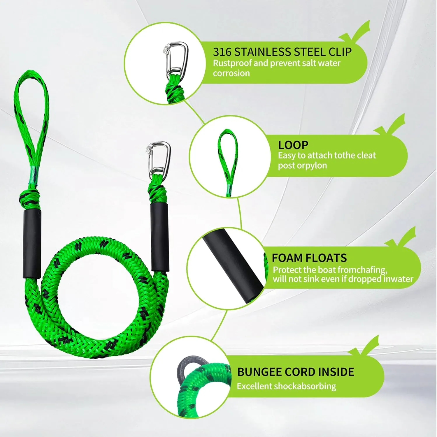 4FT Boat Bungee Dock Line Marine Rope 2-Pack for Temporary Boat Docking, with 316 Stainless Steel Clip,Boat Accessory for Kayak, Pontoon, Watercraft, Canoe, Power Boat (Green)
