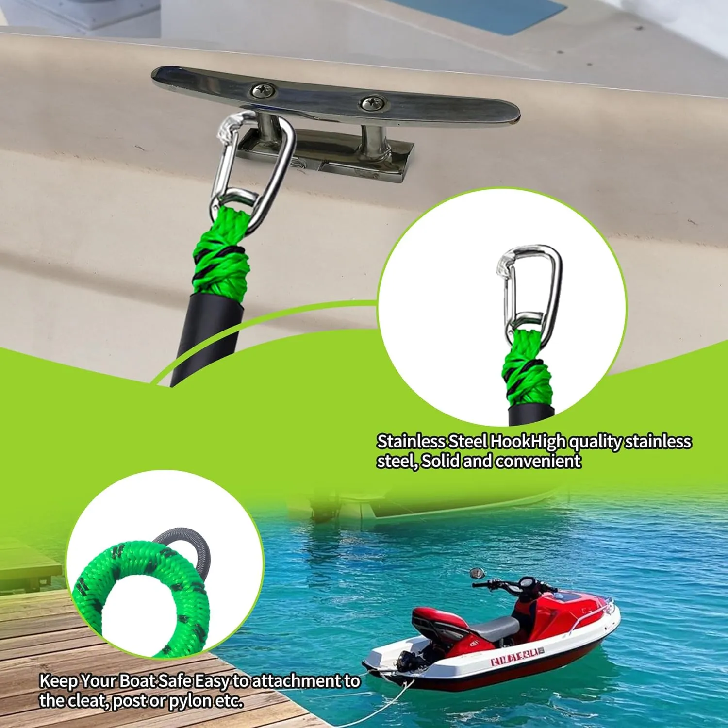 4FT Boat Bungee Dock Line Marine Rope 2-Pack for Temporary Boat Docking, with 316 Stainless Steel Clip,Boat Accessory for Kayak, Pontoon, Watercraft, Canoe, Power Boat (Green)