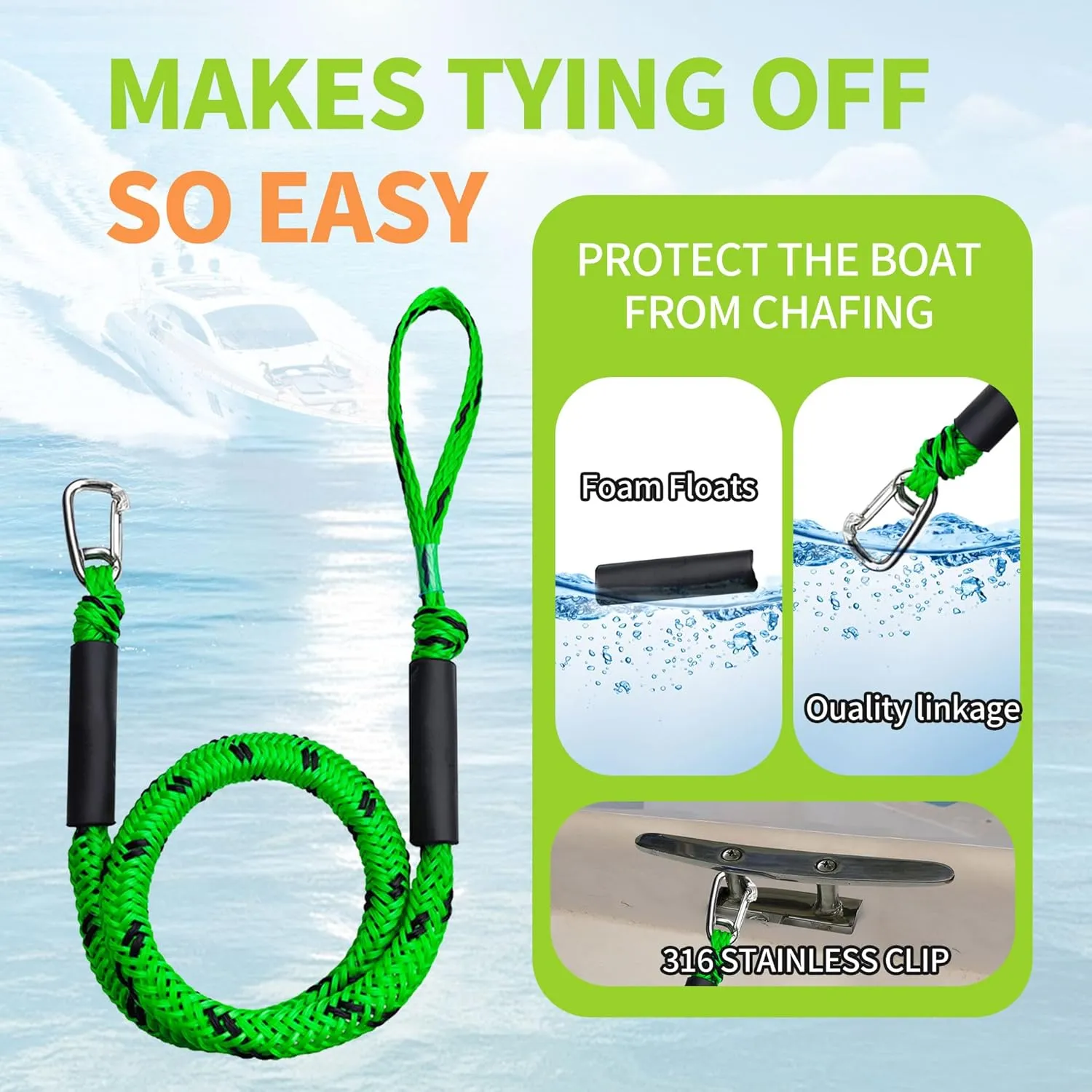 4FT Boat Bungee Dock Line Marine Rope 2-Pack for Temporary Boat Docking, with 316 Stainless Steel Clip,Boat Accessory for Kayak, Pontoon, Watercraft, Canoe, Power Boat (Green)