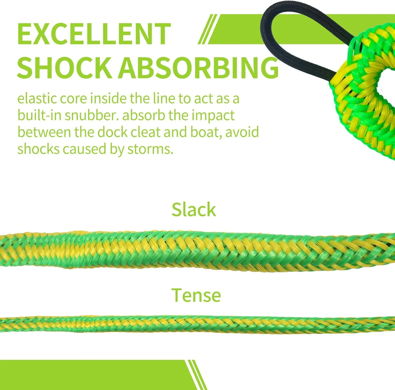 4FT Boat Bungee Dock Line Marine Rope 2-Pack for Temporary Boat Docking, with 316 Stainless Steel Clip,Boat Accessory for Kayak, Pontoon, Watercraft, Canoe, Power Boat (Green&Yellow)