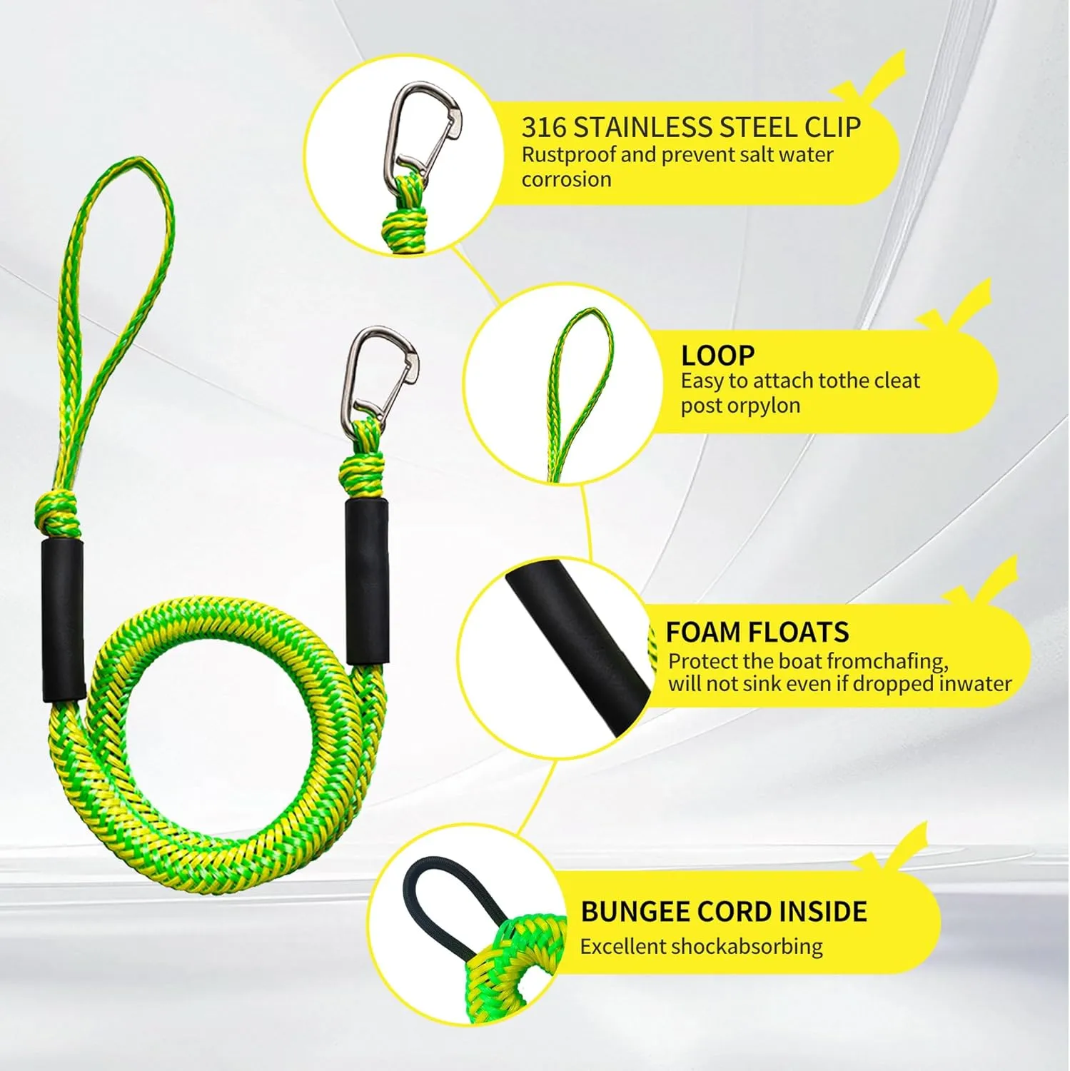 4FT Boat Bungee Dock Line Marine Rope 2-Pack for Temporary Boat Docking, with 316 Stainless Steel Clip,Boat Accessory for Kayak, Pontoon, Watercraft, Canoe, Power Boat (Green&Yellow)
