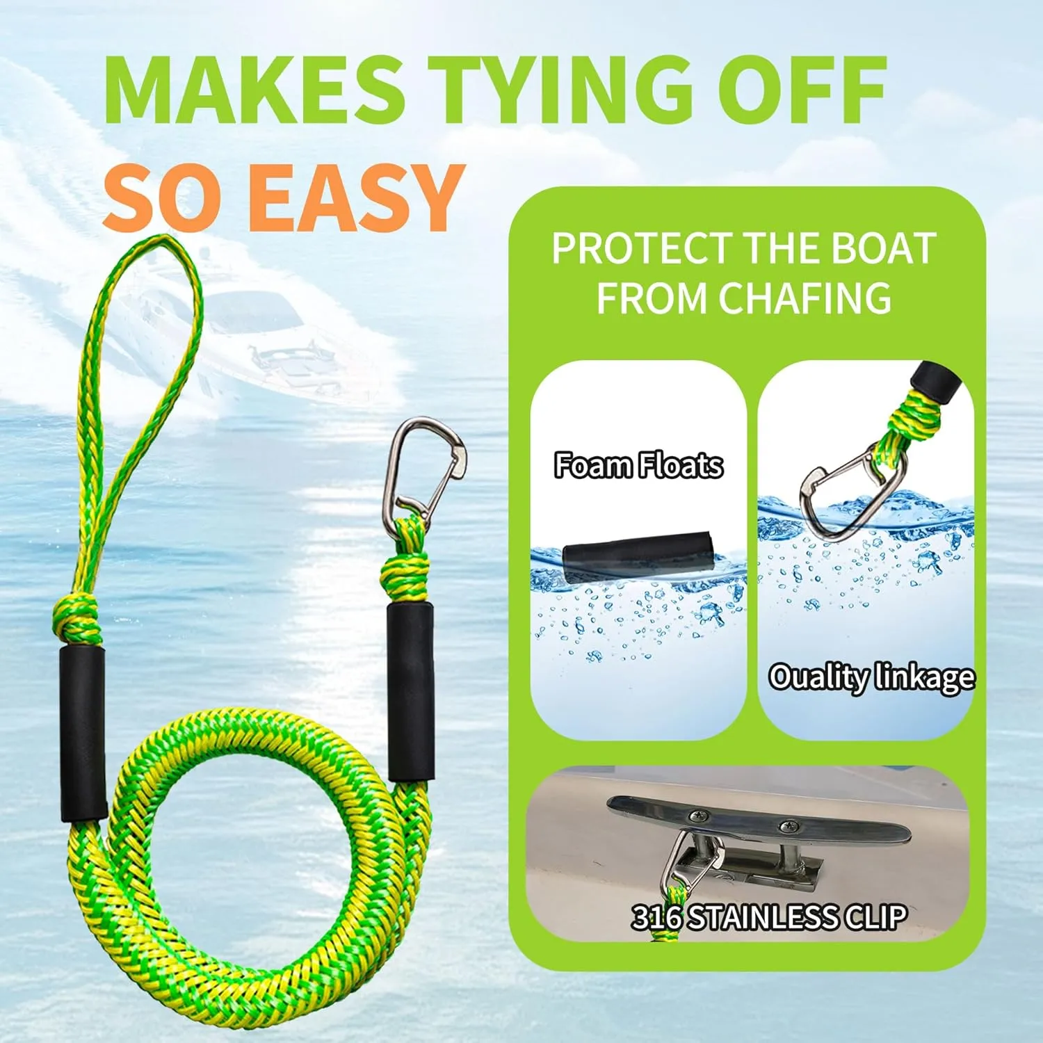 4FT Boat Bungee Dock Line Marine Rope 2-Pack for Temporary Boat Docking, with 316 Stainless Steel Clip,Boat Accessory for Kayak, Pontoon, Watercraft, Canoe, Power Boat (Green&Yellow)