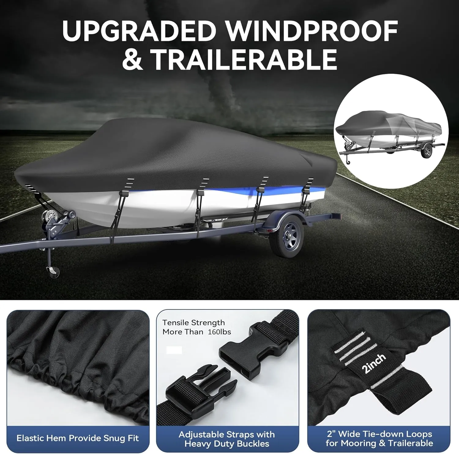 5-ply 1200D Boat Cover with Storage Bag & Widened Straps for Trailering & Mooring Fits 17-19ft Bass Boat, V-Hull, Tri-Hull Runabout Pro-Style Fishing Boat - Waterproof Anti-uv and Breathable
