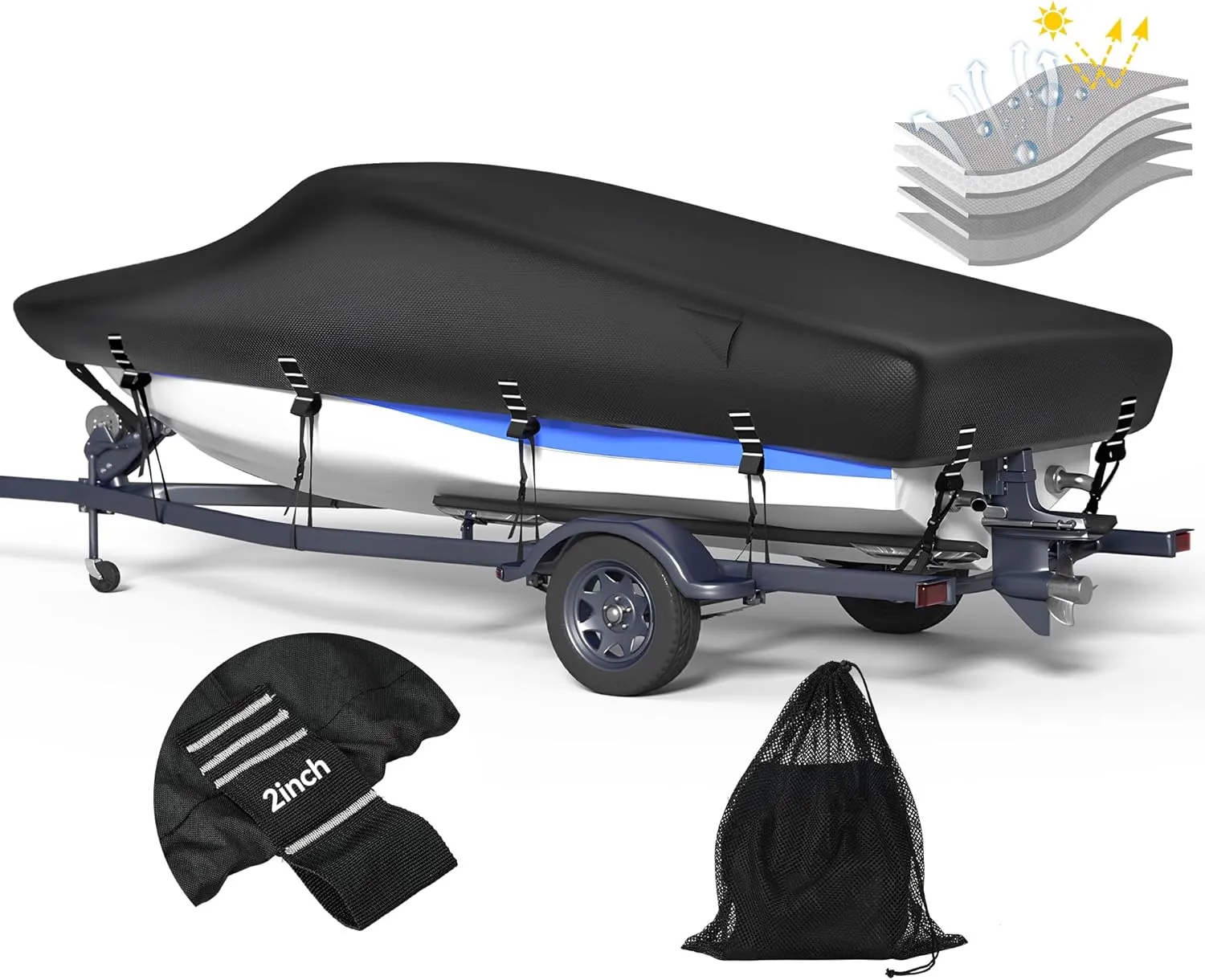 5-ply 1200D Boat Cover with Storage Bag & Widened Straps for Trailering & Mooring Fits 17-19ft Bass Boat, V-Hull, Tri-Hull Runabout Pro-Style Fishing Boat - Waterproof Anti-uv and Breathable