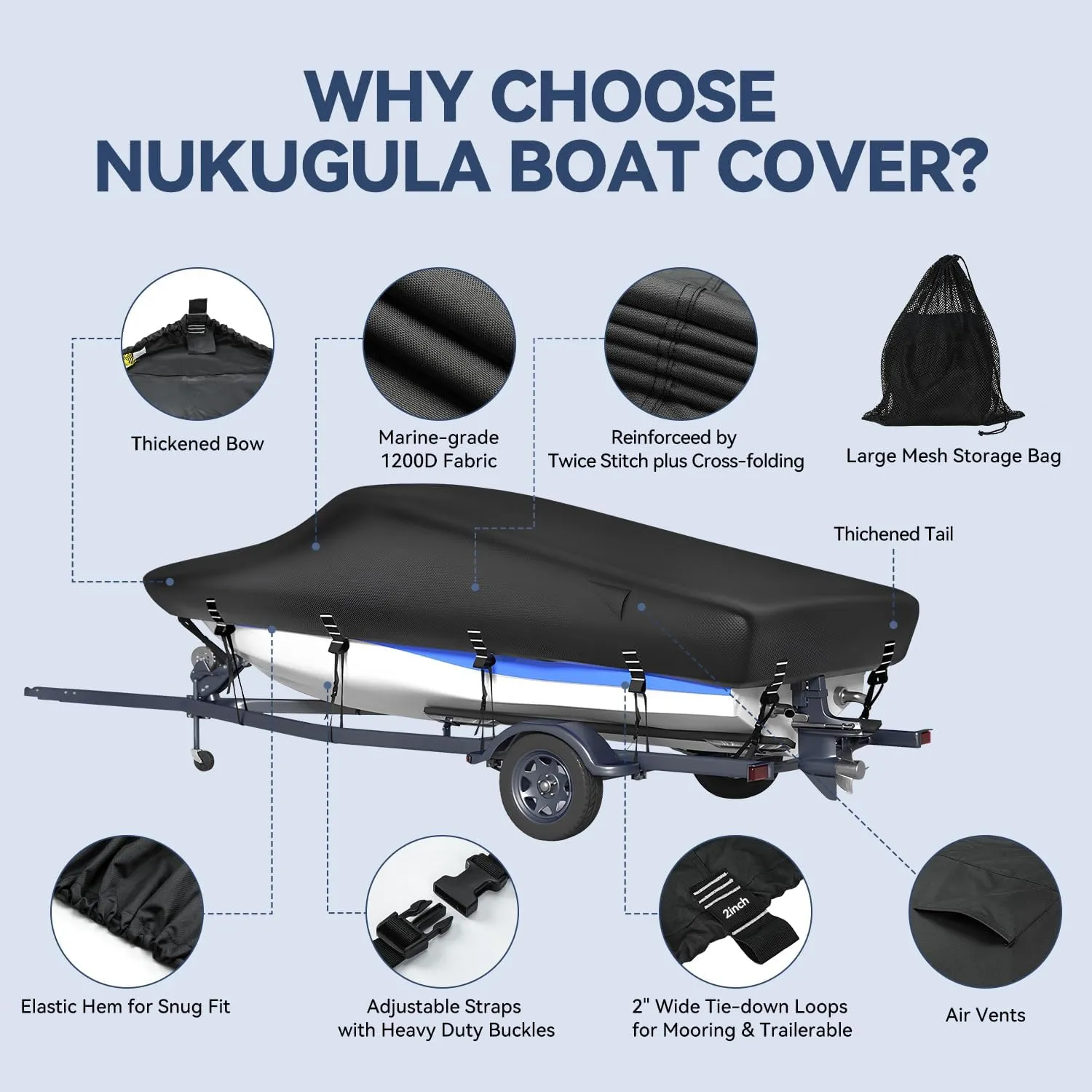 5-ply 1200D Boat Cover with Storage Bag & Widened Straps for Trailering & Mooring Fits 17-19ft Bass Boat, V-Hull, Tri-Hull Runabout Pro-Style Fishing Boat - Waterproof Anti-uv and Breathable
