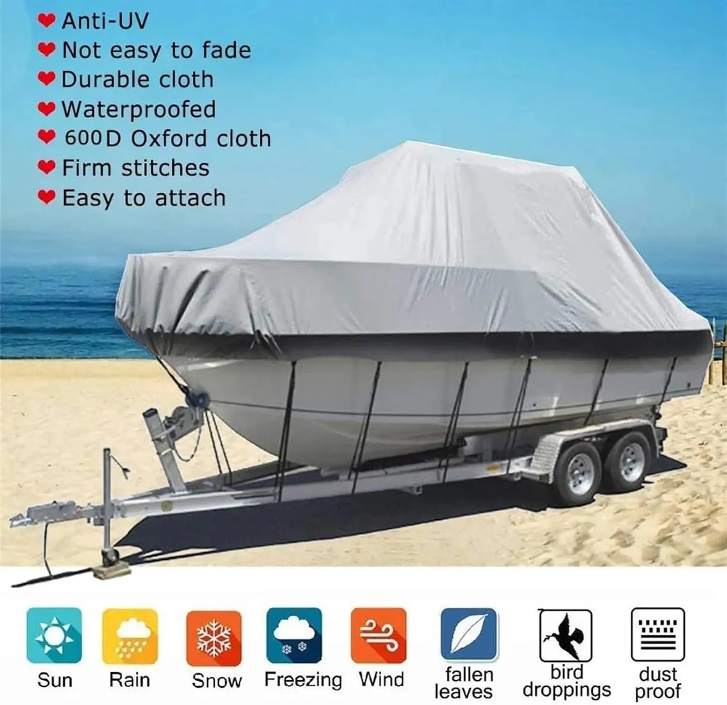 600 Denier V-Hull Runabout Boat Cover, Heavy-Duty Waterproof and UV-Proof Boat Covers, Trailerable Boat Cover Fits V-Hull, Runabout, Grey