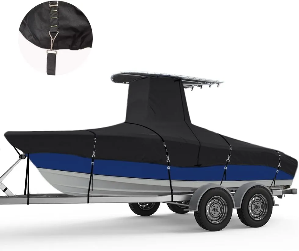 900D Marine Grade Fade and Tear Resistant Trailerable T-Top Boat Cover, Heavy-Duty Waterproof and UV-Proof TTOP Boat Storage Cover (Black, 24'-26' Long,Beam Width up to 112" W)