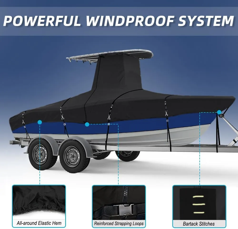 900D Marine Grade Fade and Tear Resistant Trailerable T-Top Boat Cover, Heavy-Duty Waterproof and UV-Proof TTOP Boat Storage Cover (Black, 24'-26' Long,Beam Width up to 112" W)