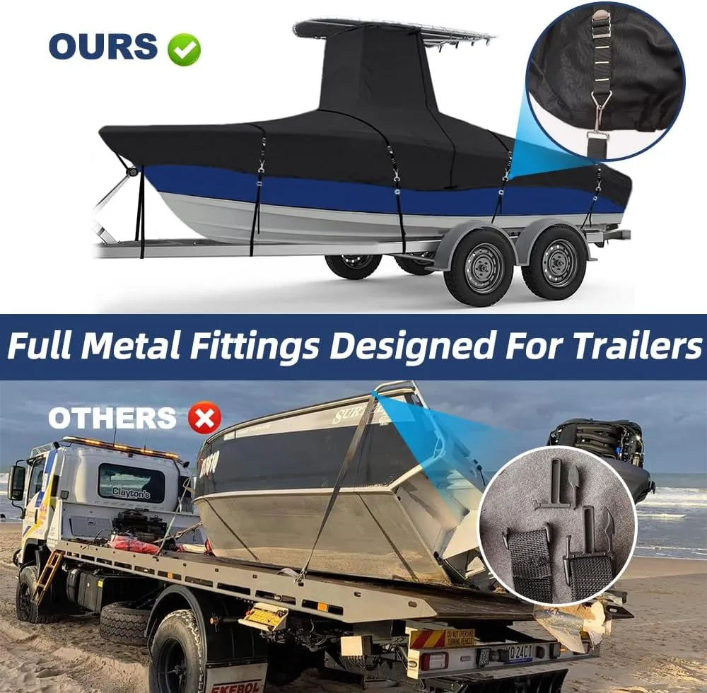 900D Marine Grade Fade and Tear Resistant Trailerable T-Top Boat Cover, Heavy-Duty Waterproof and UV-Proof TTOP Boat Storage Cover (Black, 24'-26' Long,Beam Width up to 112" W)