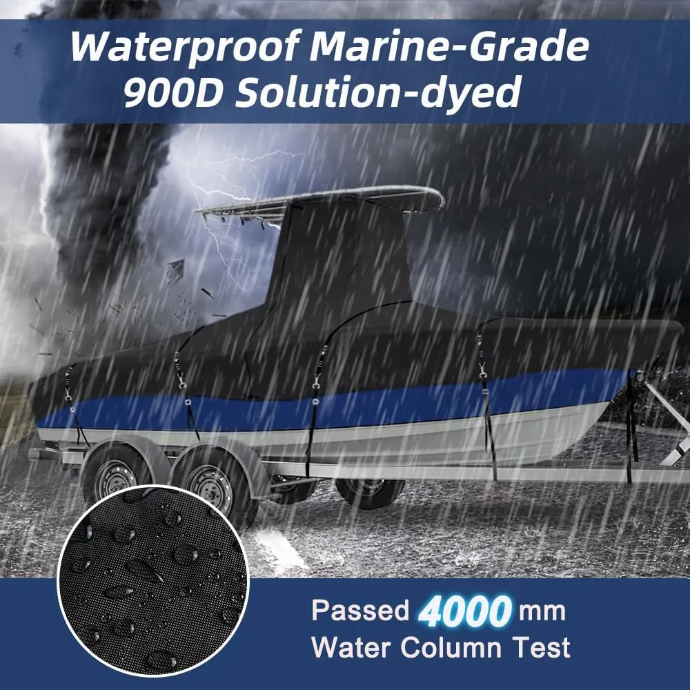 900D Marine Grade Fade and Tear Resistant Trailerable T-Top Boat Cover, Heavy-Duty Waterproof and UV-Proof TTOP Boat Storage Cover (Black, 24'-26' Long,Beam Width up to 112" W)