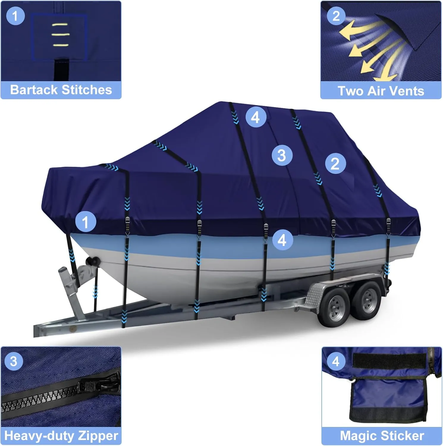 900D T Top Boat Cover -Heavy Duty Waterproof Trailerable Center Console Boat Cover fits for 22-24' Long, Beam Width Up to 108", Navy