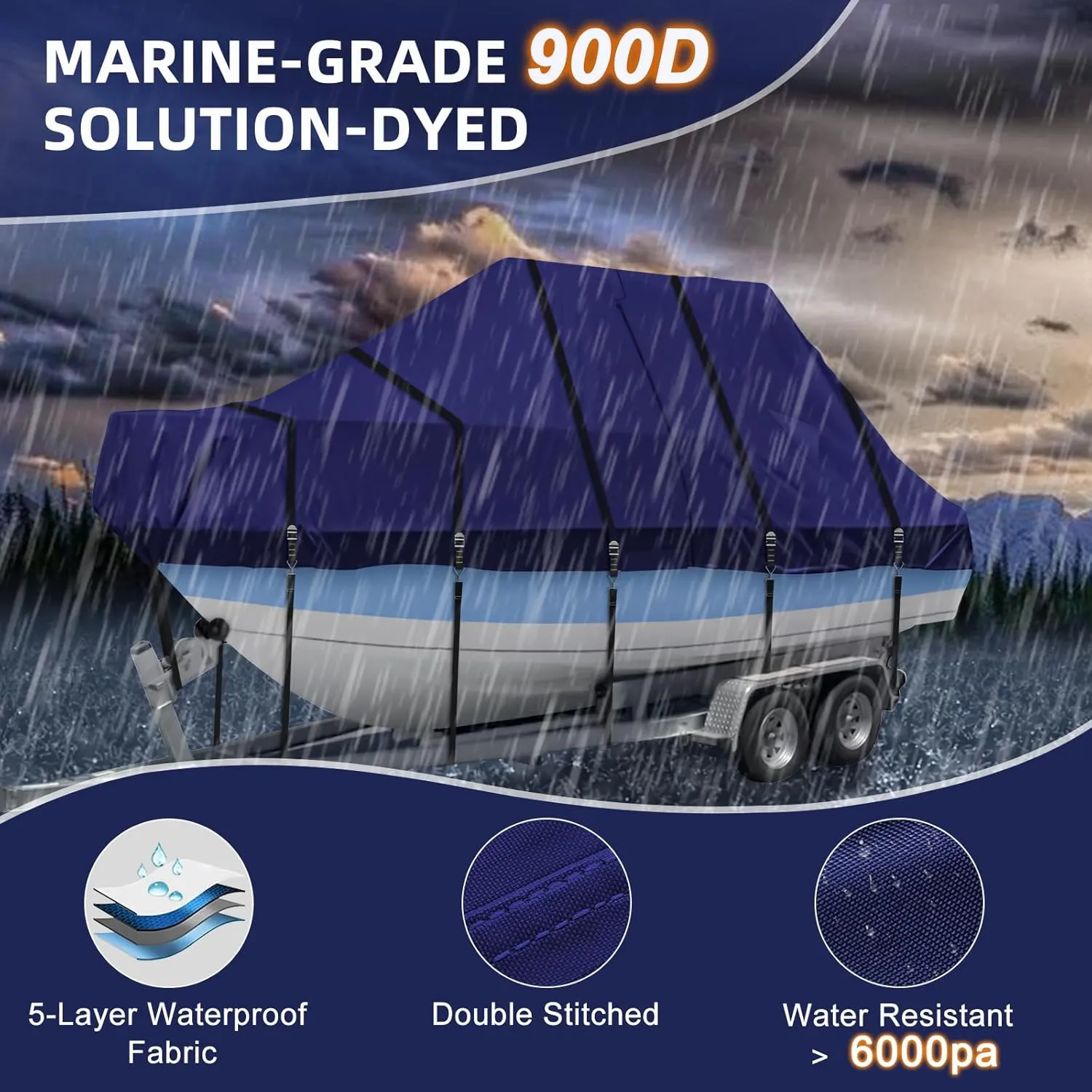 900D T Top Boat Cover -Heavy Duty Waterproof Trailerable Center Console Boat Cover fits for 22-24' Long, Beam Width Up to 108", Navy