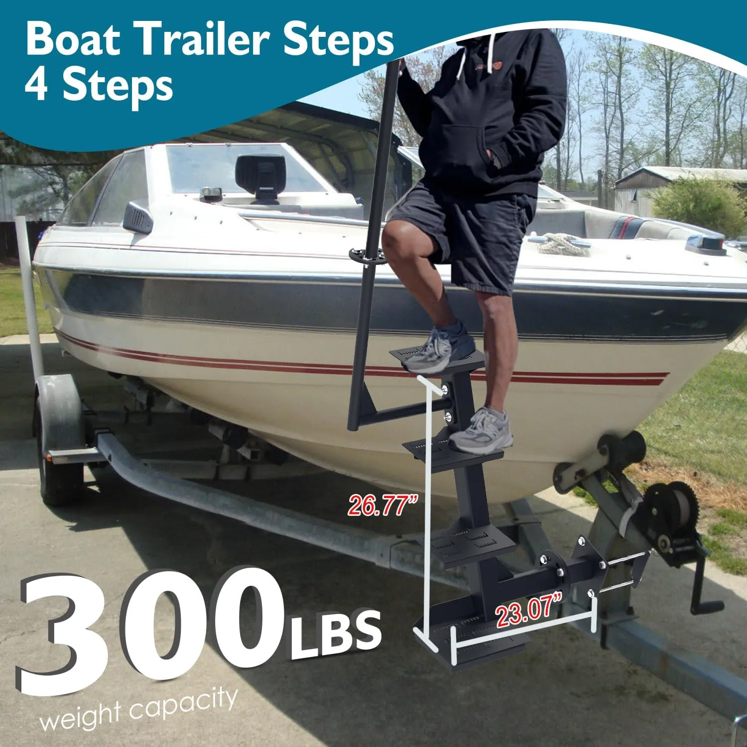 Adjustable Boat Steps for Trailer, Boat Trailer Steps with Anti-Slip Steps, Boat Trailer Tongue Steps for Bass Boat Trailer Pontoon Boats, Boat Trailer Steps for The Tongue with Handrail