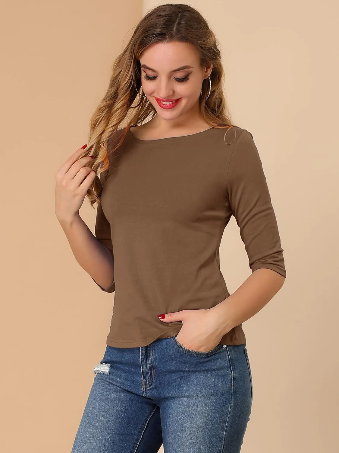 Allegra K Women's Casual Round Neck Elbow Sleeve t Shirts Slim Fit Blouses Tops Fashion
