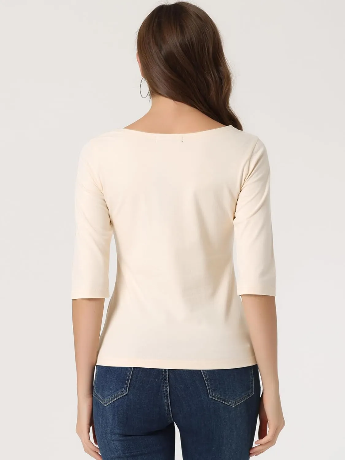 Allegra K Women's Casual Round Neck Elbow Sleeve t Shirts Slim Fit Blouses Tops Fashion