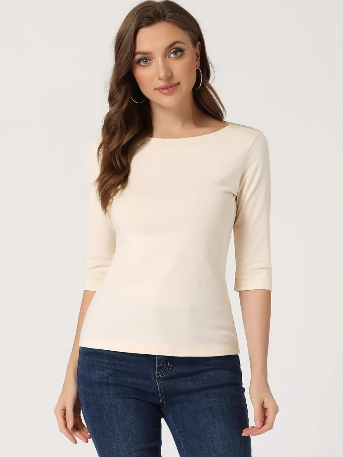 Allegra K Women's Casual Round Neck Elbow Sleeve t Shirts Slim Fit Blouses Tops Fashion