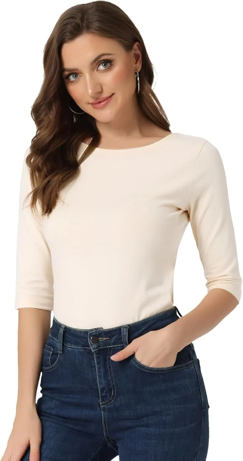 Allegra K Women's Casual Round Neck Elbow Sleeve t Shirts Slim Fit Blouses Tops Fashion