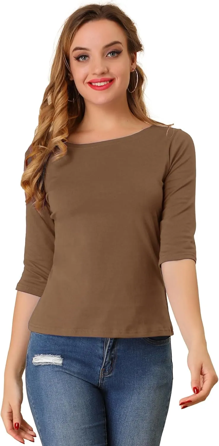 Allegra K Women's Casual Round Neck Elbow Sleeve t Shirts Slim Fit Blouses Tops Fashion
