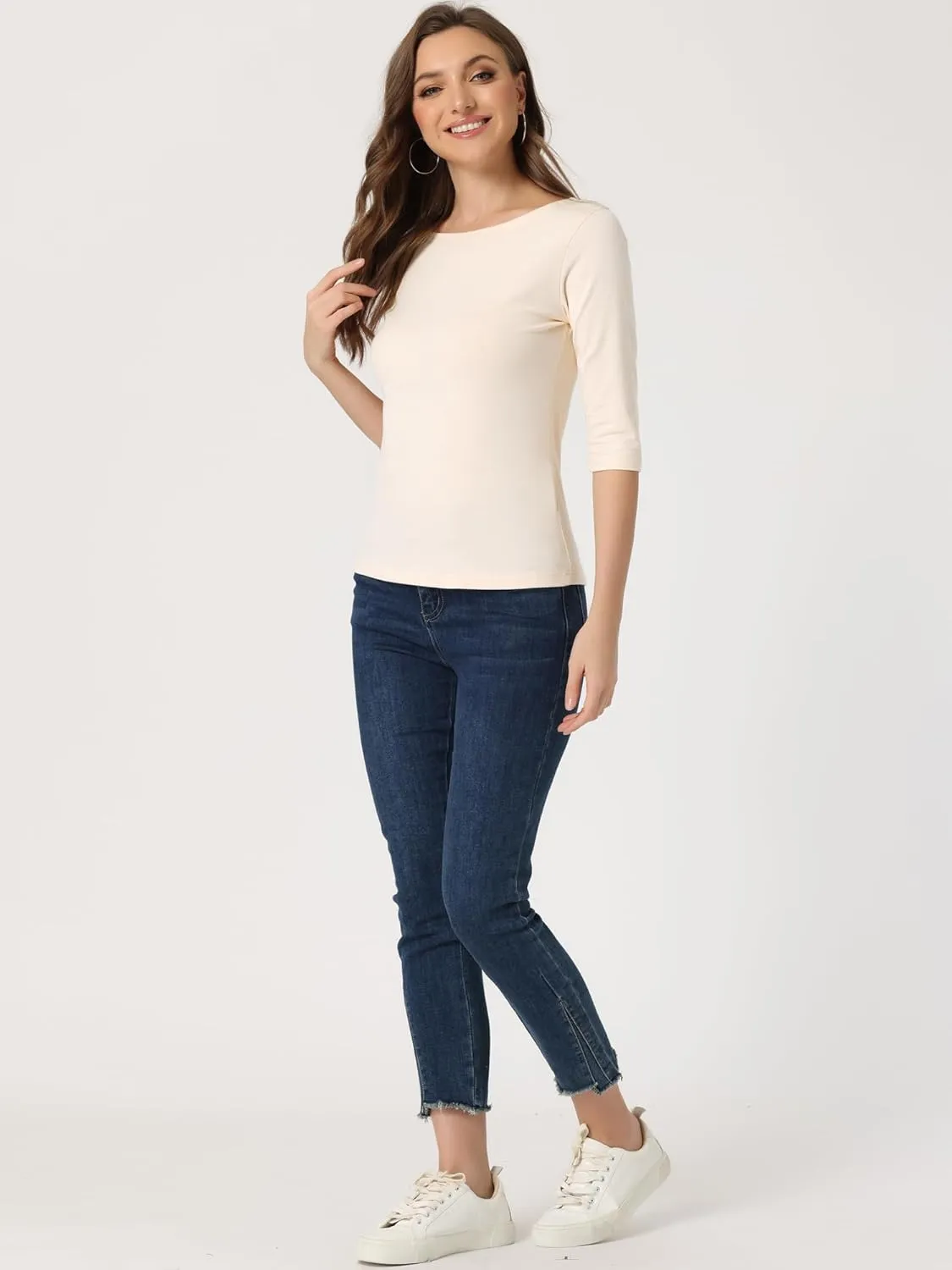 Allegra K Women's Casual Round Neck Elbow Sleeve t Shirts Slim Fit Blouses Tops Fashion