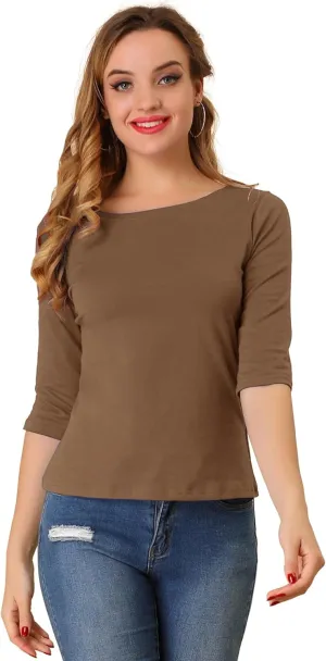 Allegra K Women's Casual Round Neck Elbow Sleeve t Shirts Slim Fit Blouses Tops Fashion