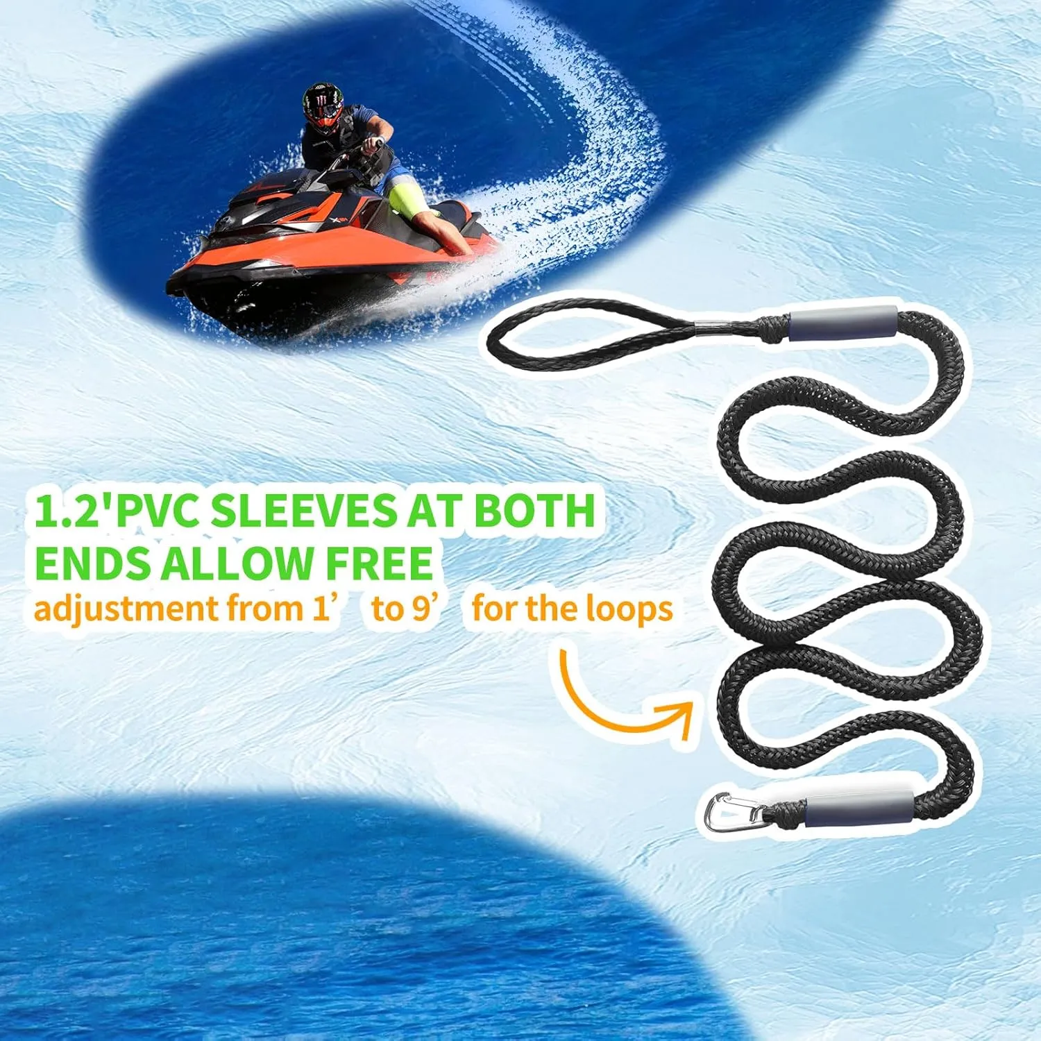 Anchor Boat Bungee Dock Lines for Jet Ski, 7ft (Stretches to 10 ft) Boat Anchor Ropes (Black, 1 Pack)