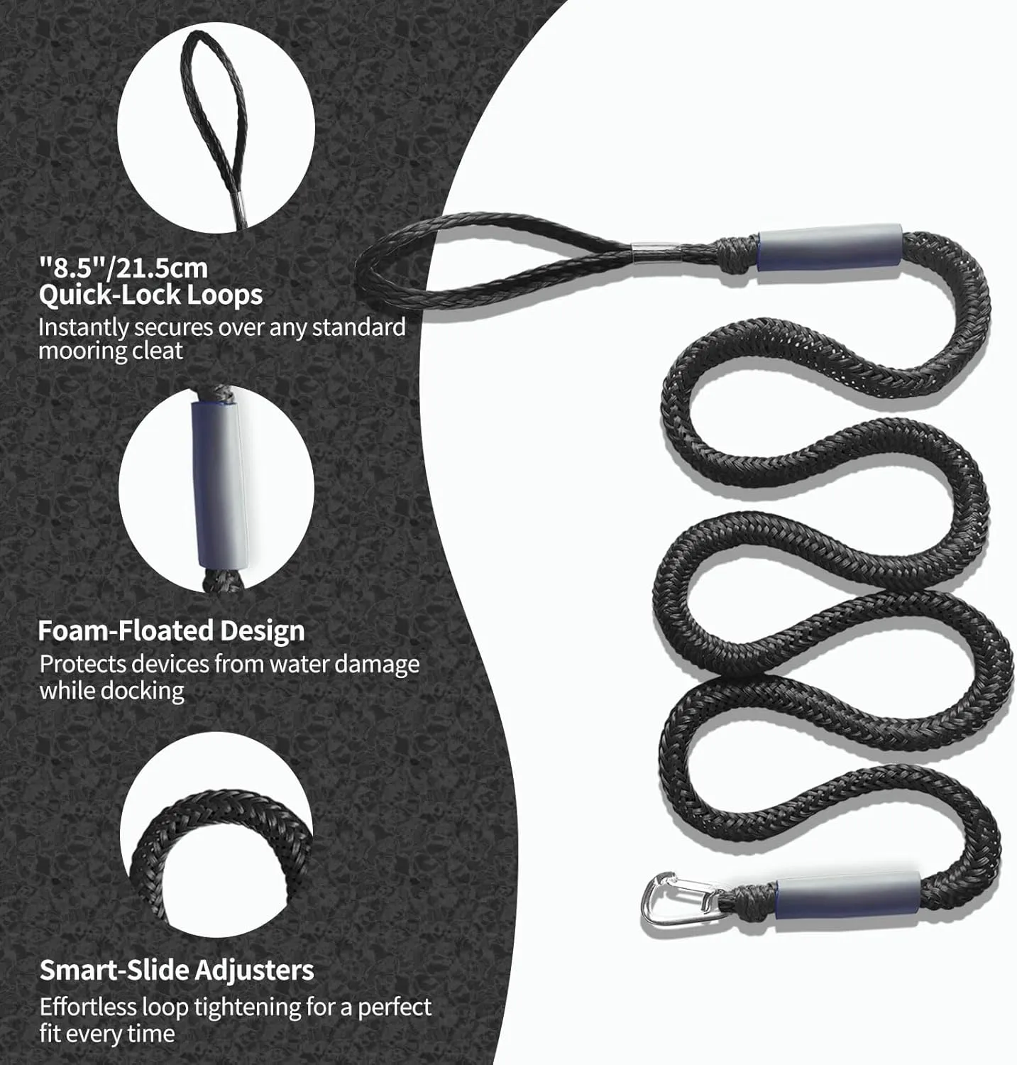 Anchor Boat Bungee Dock Lines for Jet Ski, 7ft (Stretches to 10 ft) Boat Anchor Ropes (Black, 1 Pack)