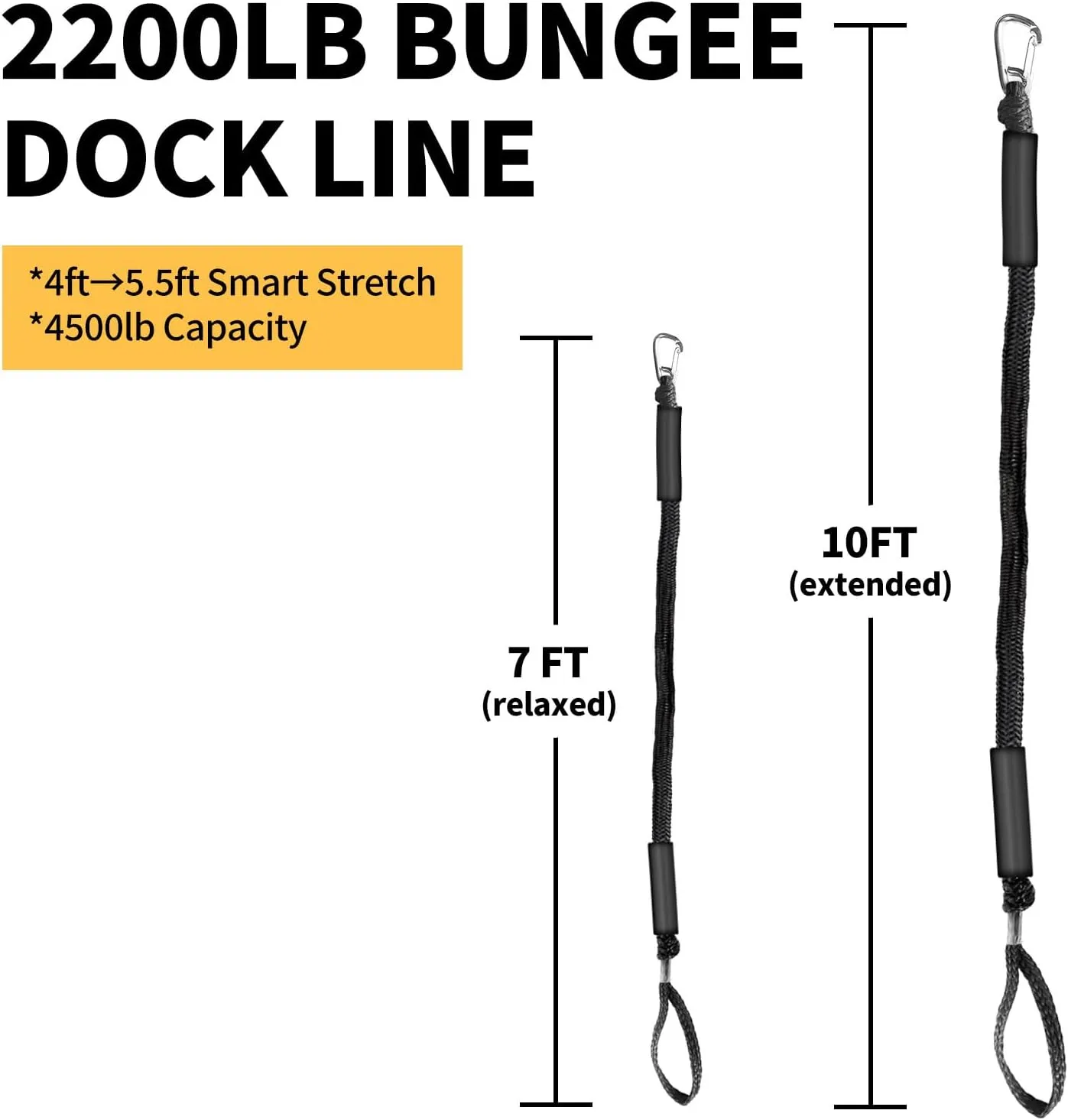 Anchor Boat Bungee Dock Lines for Jet Ski, 7ft (Stretches to 10 ft) Boat Anchor Ropes (Black, 1 Pack)