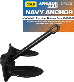 Anchor-Man Navy Anchor (10lb 15lb 20lb 30lb) – Black Vinyl Coated Naval Anchors for Boats with Impressive Holding Power - Prevents Rust, and Scratches