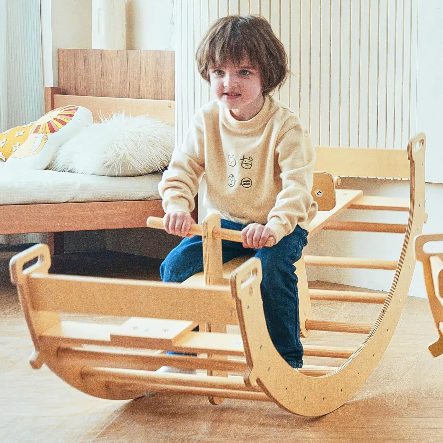 Avenlur Bailis Ultimate 3-in-1 Playset for Kids - Seesaw, Climbing Arch and Rocker - Waldorf and Montessori Climbing Toy for Children 2-6 Years - Toddler Climbing Toys (Natural)