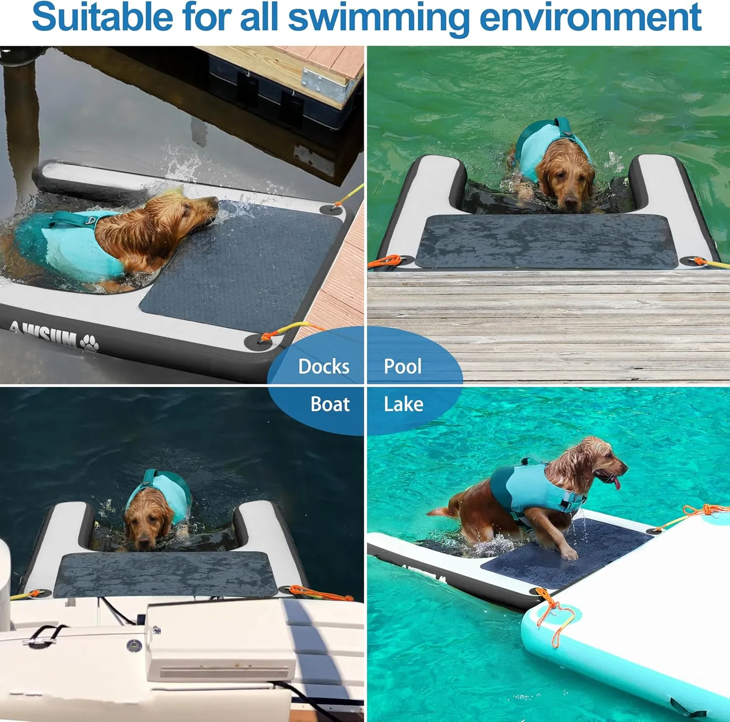AWSUM Inflatable Dog Water Ramp Extra Large Dog Boat Ramp Floating for Dog Up to Large 250LBS Dogs On Water Float Ladder Steps for Pool, Dock, Lake, Black/Grey