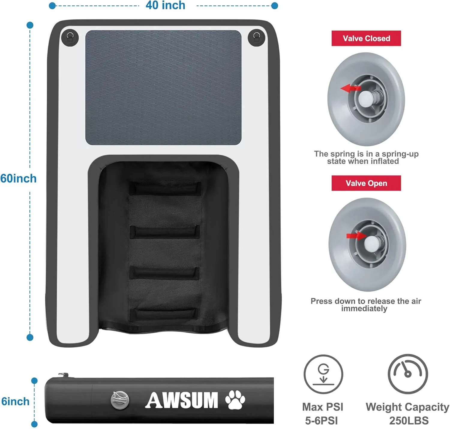 AWSUM Inflatable Dog Water Ramp Extra Large Dog Boat Ramp Floating for Dog Up to Large 250LBS Dogs On Water Float Ladder Steps for Pool, Dock, Lake, Black/Grey