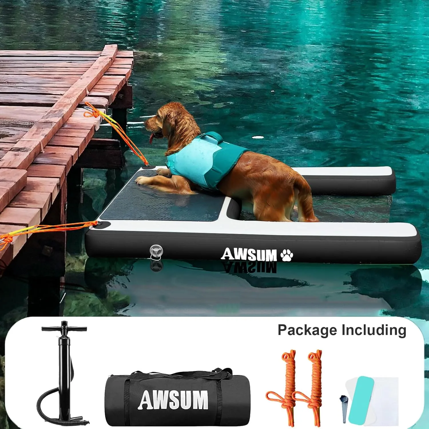 AWSUM Inflatable Dog Water Ramp Extra Large Dog Boat Ramp Floating for Dog Up to Large 250LBS Dogs On Water Float Ladder Steps for Pool, Dock, Lake, Black/Grey