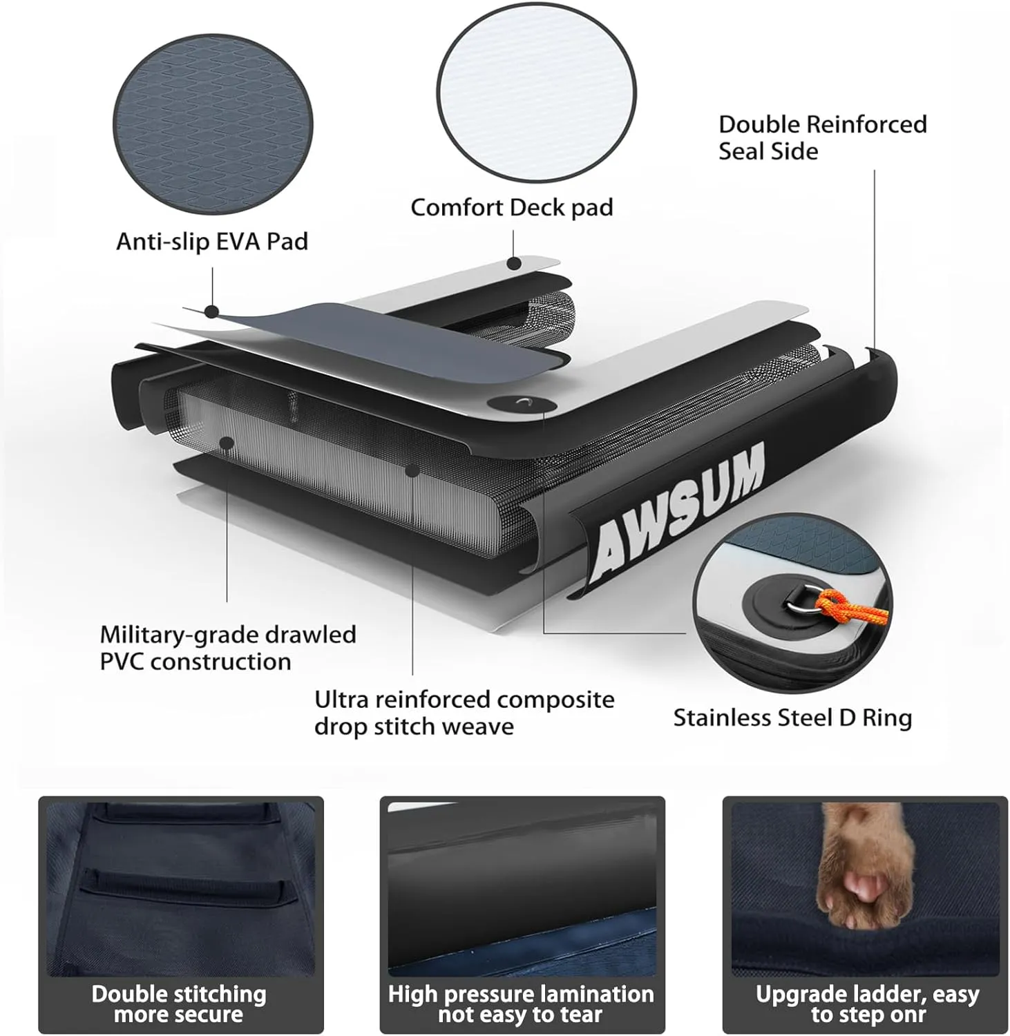 AWSUM Inflatable Dog Water Ramp Extra Large Dog Boat Ramp Floating for Dog Up to Large 250LBS Dogs On Water Float Ladder Steps for Pool, Dock, Lake, Black/Grey