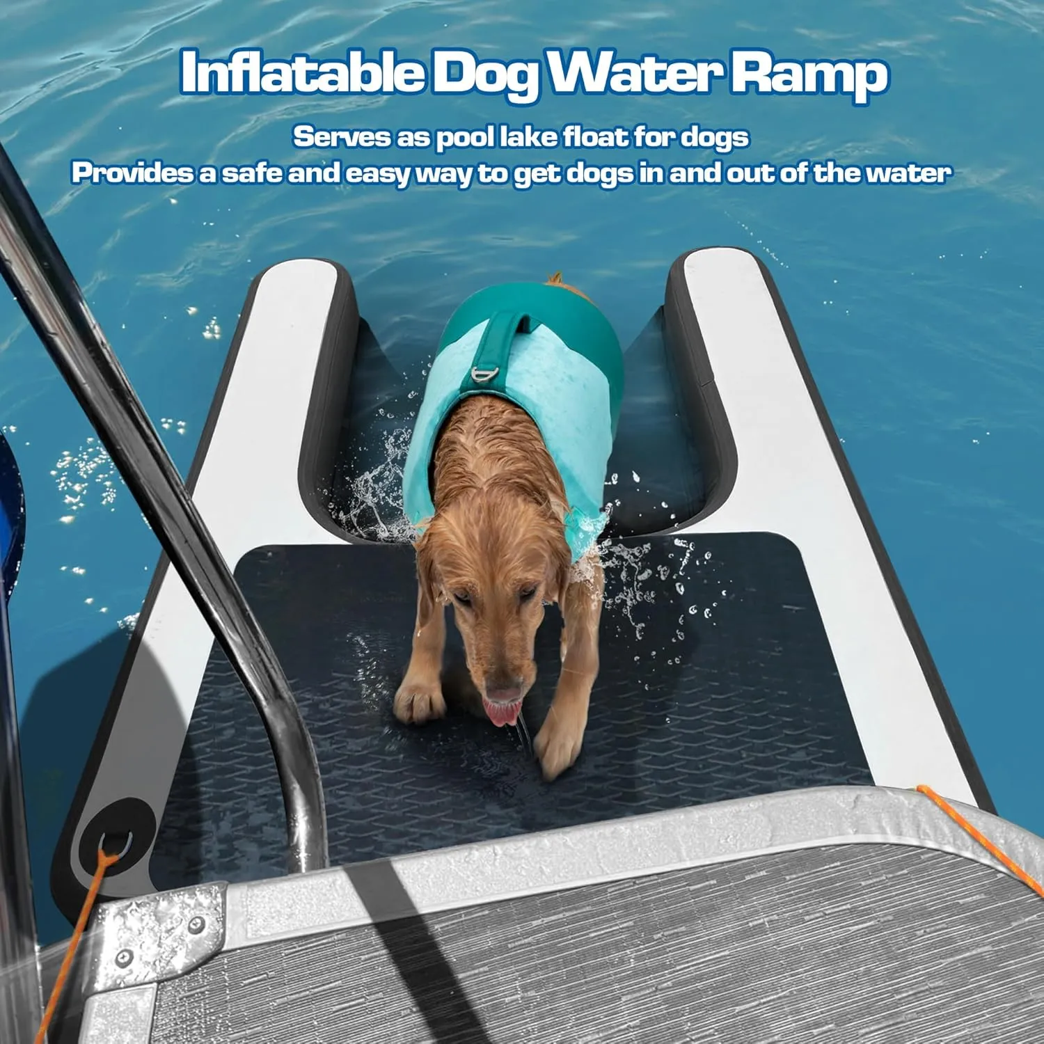 AWSUM Inflatable Dog Water Ramp Extra Large Dog Boat Ramp Floating for Dog Up to Large 250LBS Dogs On Water Float Ladder Steps for Pool, Dock, Lake, Black/Grey