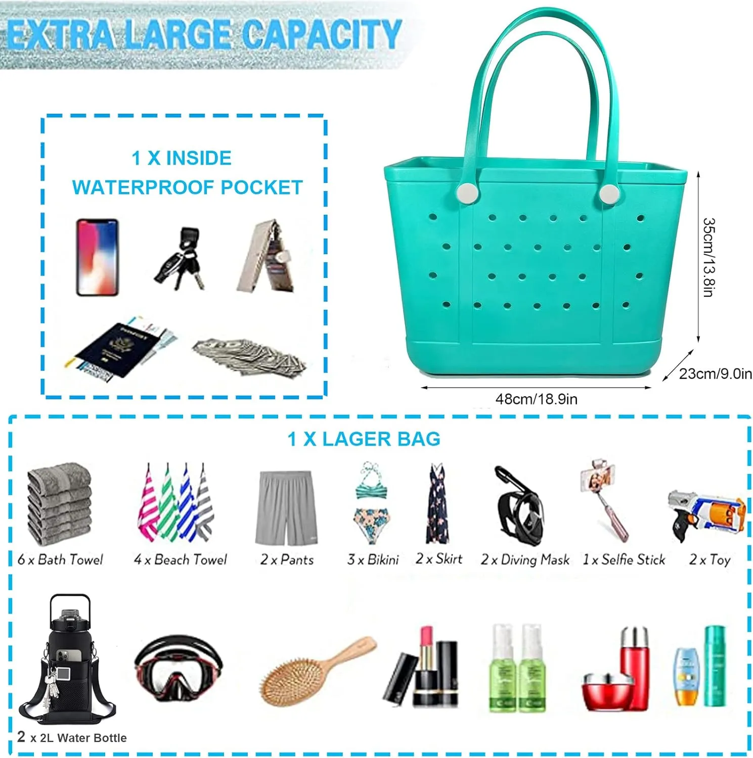 Beach Bag, Waterproof Beach Tote, Rubber XL Tote Bag, Washable and Durable Open Handbag for Boat Pool Sports Gym