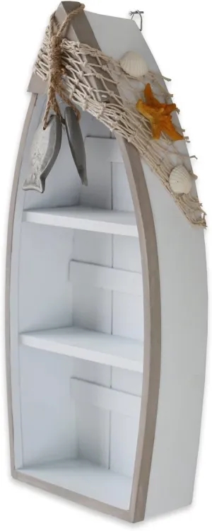 Beach Theme Display with 3 Shelves, White Nautical Standing Shelf Decor, Miniature Boat Model, Decorative Boat