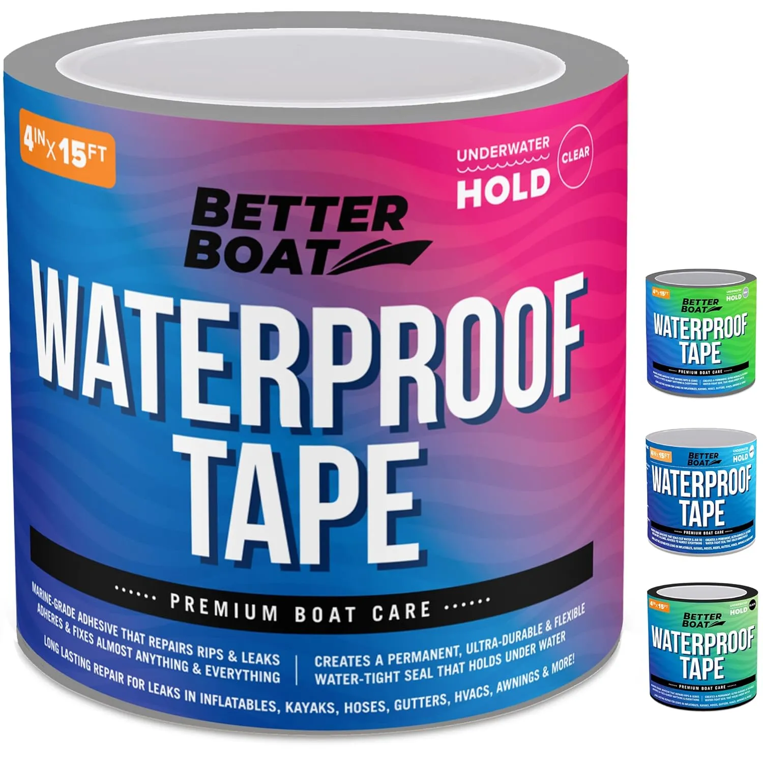 Better Boat Clear Waterproof Tape for Leaks, Heavy Duty Marine Grade Sealant, 15 ft x 4 in, for Pools, Gutters, Underwater Repair, Patching and Sealing
