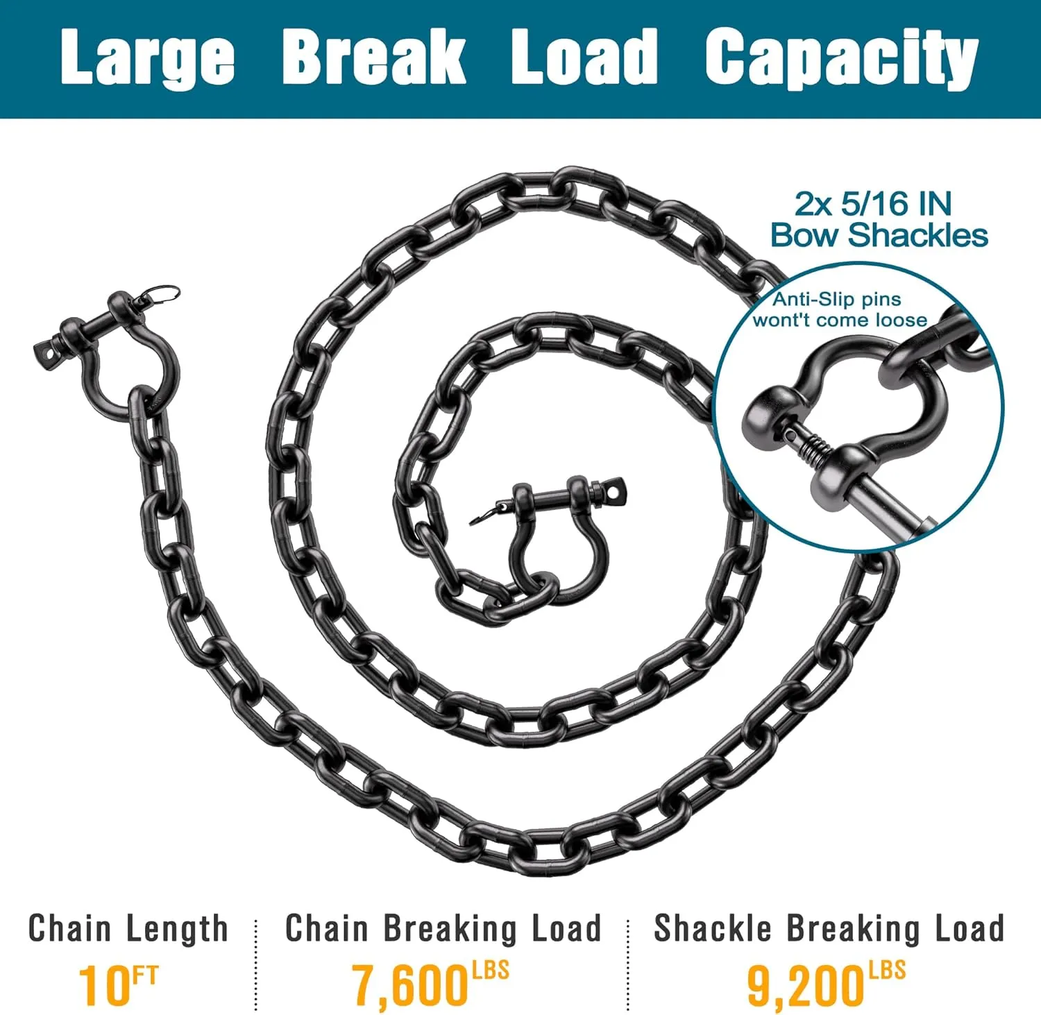 Boat Anchor Chain 316 Stainless Steel Marine Grade 5/16" Anchor Chain with 2 Pcs 3/8" Anti-Off Shackles, Black