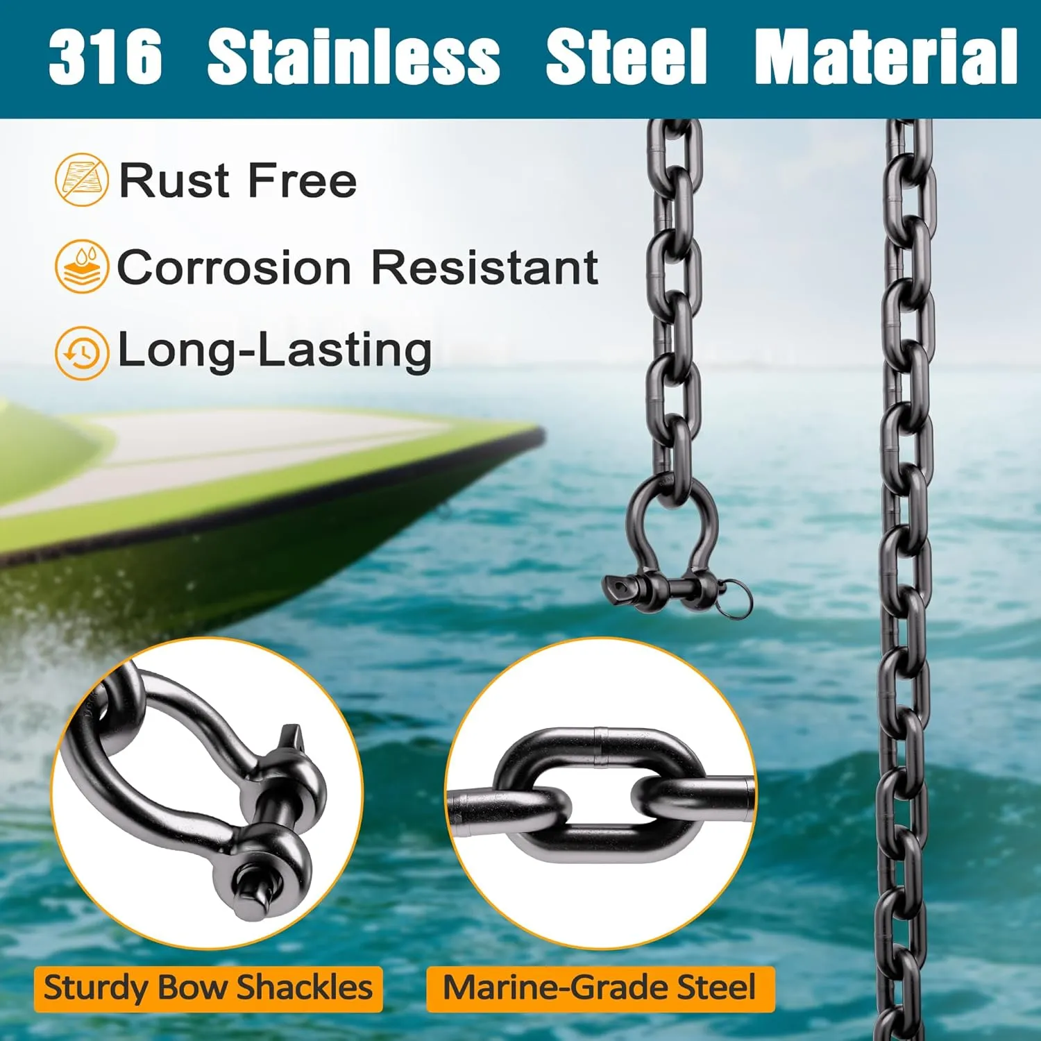 Boat Anchor Chain 316 Stainless Steel Marine Grade 5/16" Anchor Chain with 2 Pcs 3/8" Anti-Off Shackles, Black