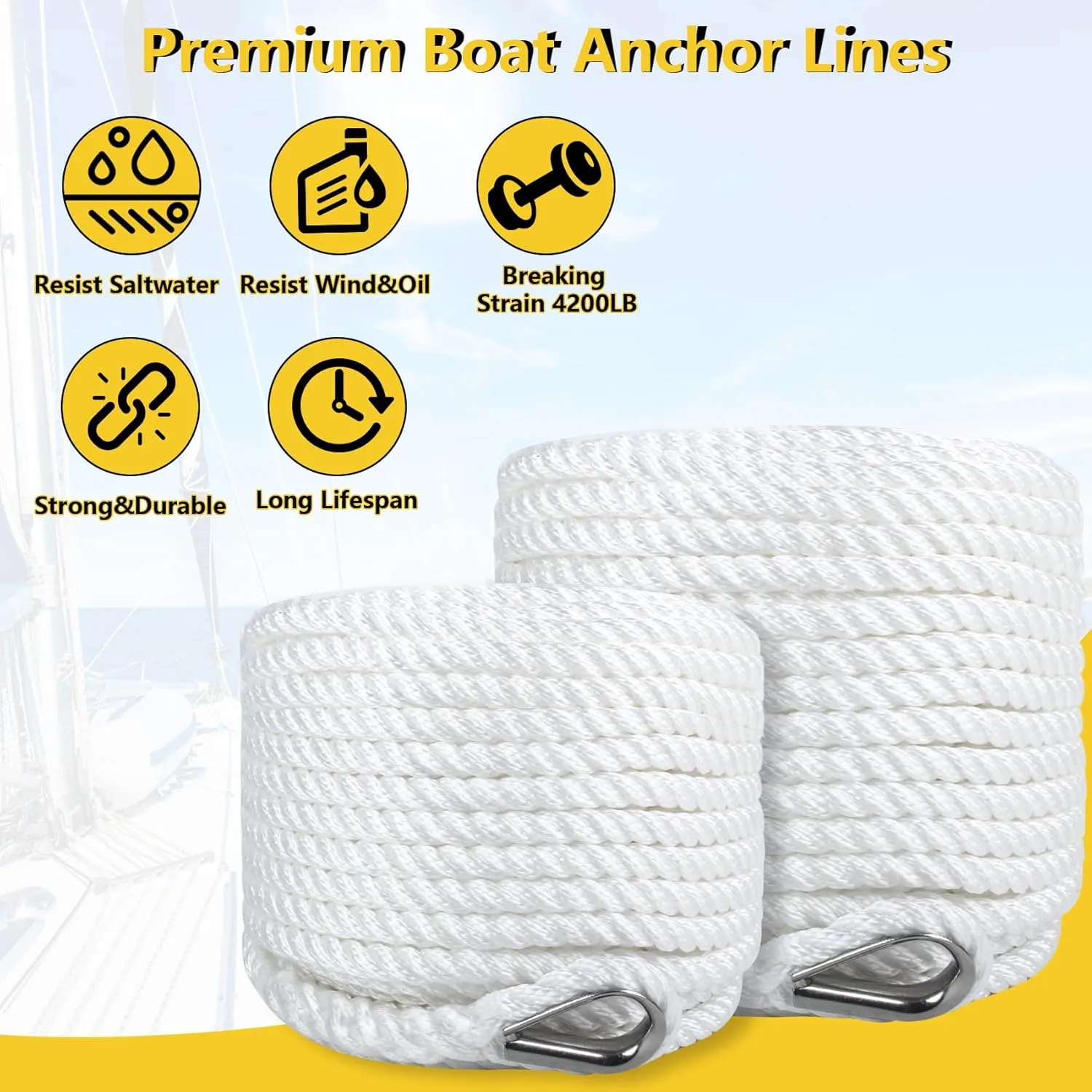 Boat Anchor Rope 1/2 Inch x 50 Feet 3 Strand Twisted Anchor Line Premium Braided Polypropylene Anchor Rope for Yacht, Sailboat, Boat, Docking, Mooring - White