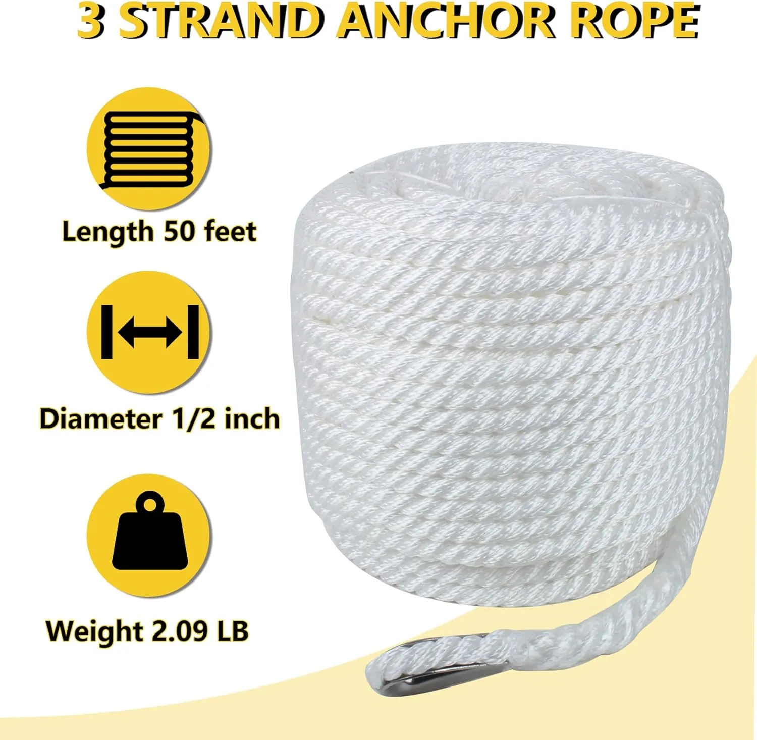 Boat Anchor Rope 1/2 Inch x 50 Feet 3 Strand Twisted Anchor Line Premium Braided Polypropylene Anchor Rope for Yacht, Sailboat, Boat, Docking, Mooring - White