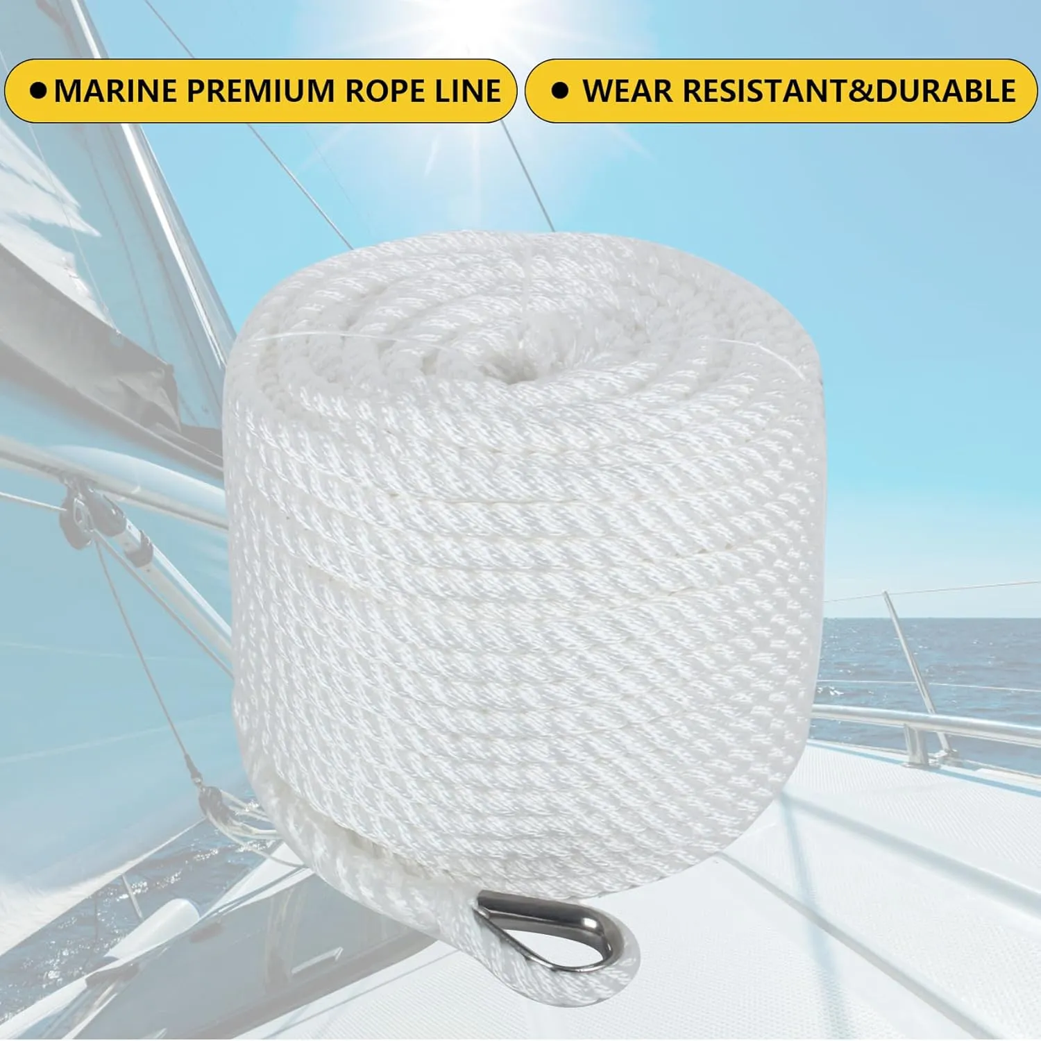 Boat Anchor Rope 1/2 Inch x 50 Feet 3 Strand Twisted Anchor Line Premium Braided Polypropylene Anchor Rope for Yacht, Sailboat, Boat, Docking, Mooring - White